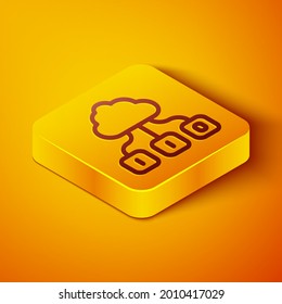 Isometric line Cloud technology data transfer and storage icon isolated on orange background. Yellow square button. Vector