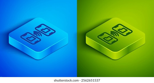 Isometric line Cloud technology data transfer and storage icon isolated on blue and green background. Square button. Vector