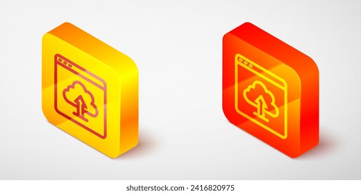 Línea isométrica Icono de carga de nube aislado en fondo gris. Botón cuadrado amarillo y naranja. Vector