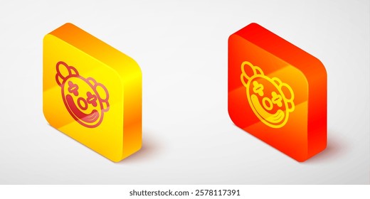 Isometric line Clown head icon isolated on grey background. Yellow and orange square button. Vector