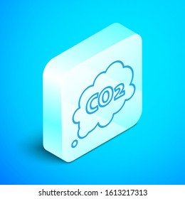 Isometric line CO2 emissions in cloud icon isolated on blue background. Carbon dioxide formula symbol, smog pollution concept, environment concept. Silver square button. Vector Illustration