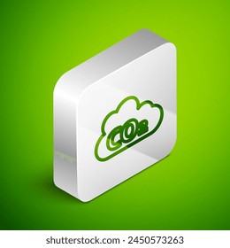 Isometrische Linie CO2-Emissionen in Wolke Symbol isoliert auf grünem Hintergrund. Kohlendioxid-Formel, Smog-Verschmutzungskonzept, Umweltkonzept. Silbernes quadratisches Button. Vektorgrafik