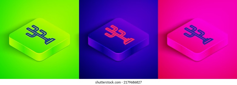 Icono de soporte de la línea isométrica del escudo aislado en fondo verde, azul y rosa. Botón cuadrado. Vector