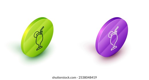 Isometric line Cocktail and alcohol drink icon isolated on white background. Green and purple circle buttons. Vector