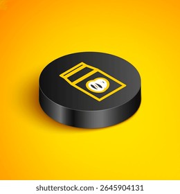 Línea isométrica Granos de café en el icono del bolso aislado en fondo amarillo. Botón de círculo negro. Vector