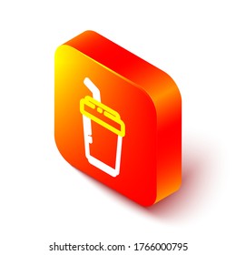 Isometrische Linie Kaffeetasse zu gehen Symbol einzeln auf weißem Hintergrund. Orangefarbene Quadrat-Taste. Vektorgrafik