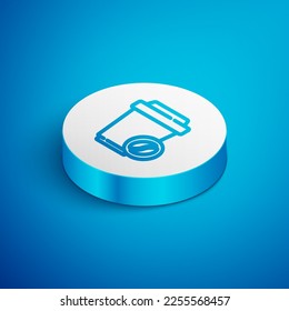 Isometric line Coffee cup to go icon isolated on blue background. White circle button. Vector
