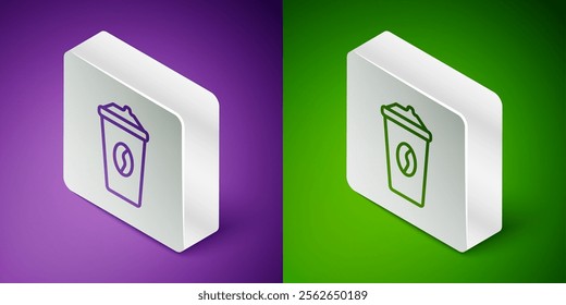 Isometric line Coffee cup to go icon isolated on purple and green background. Silver square button. Vector