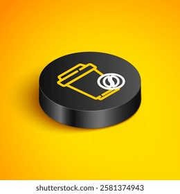 Isometric line Coffee cup to go icon isolated on yellow background. Black circle button. Vector