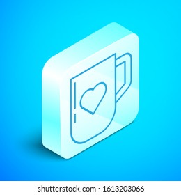 Isometric line Coffee cup and heart icon isolated on blue background. Couple coffee for lovers on Valentines Day. Silver square button. Vector Illustration