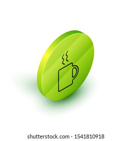 Isometric line Coffee cup icon isolated on white background. Tea cup. Hot drink coffee. Green circle button. Vector Illustration