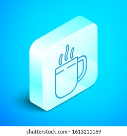 Isometric line Coffee cup icon isolated on blue background. Tea cup. Hot drink coffee. Silver square button. Vector Illustration