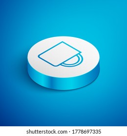 Isometric line Coffee cup icon isolated on blue background. Tea cup. Hot drink coffee. White circle button. Vector Illustration