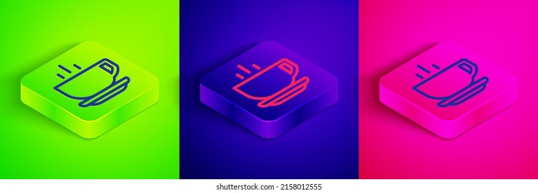 Isometric line Coffee cup icon isolated on green, blue and pink background. Tea cup. Hot drink coffee. Square button. Vector