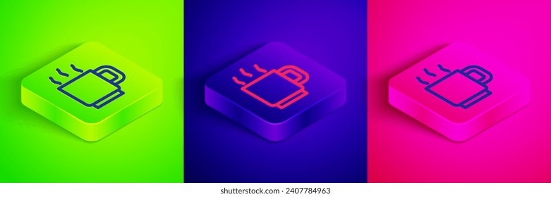 Isometric line Coffee cup icon isolated on green, blue and pink background. Tea cup. Hot drink coffee. Square button. Vector
