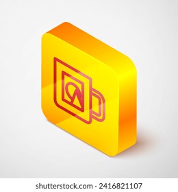 Isometric line Coffee cup icon isolated on grey background. Take away print. Yellow square button. Vector