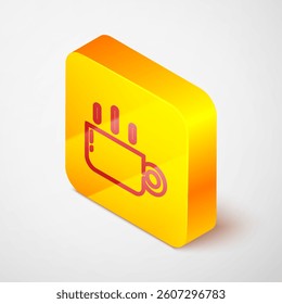 Isometric line Coffee cup icon isolated on grey background. Tea cup. Hot drink coffee. Yellow square button. Vector