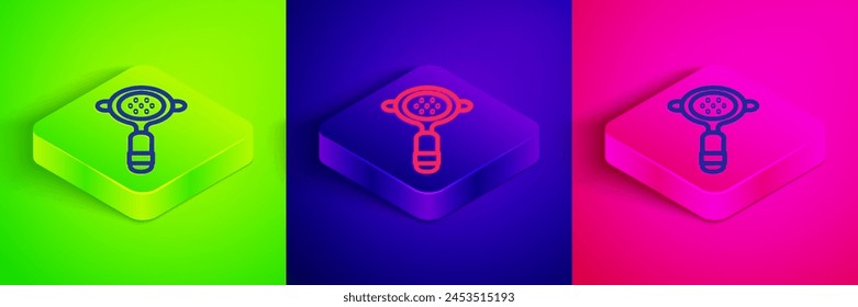 Isometric line Coffee filter holder icon isolated on green, blue and pink background. Square button. Vector