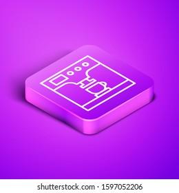 Isometric line Coffee machine and coffee cup icon isolated on purple background. Purple square button. Vector Illustration