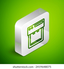Isometric line Coffee machine icon isolated on green background. Silver square button. Vector