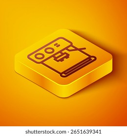 Isometrische Linie Symbol der Kaffeemaschine einzeln auf orangefarbenem Hintergrund. Gelber quadratischer Knopf. Vektorgrafik