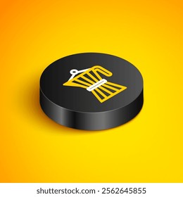 Isometric line Coffee maker moca pot icon isolated on yellow background. Black circle button. Vector