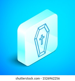 Isometric line Coffin with christian cross icon isolated on blue background. Happy Halloween party. Silver square button. Vector Illustration