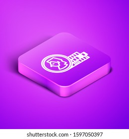 Isometric line Coin for game icon isolated on purple background. Purple square button. Vector Illustration