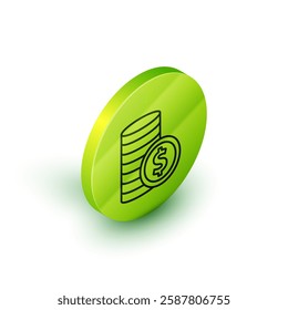 Isometric line Coin money with dollar symbol icon isolated on white background. Banking currency sign. Cash symbol. Green circle button. Vector