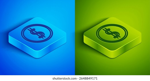 Linha isométrica Moeda moeda com símbolo de dólar ícone isolado no fundo azul e verde. Sinal de moeda bancária. Símbolo de dinheiro. Botão quadrado. Ilustração de vetor