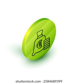 Isometric line Coin money with euro symbol icon isolated on white background. Banking currency sign. Cash symbol. Green circle button. Vector