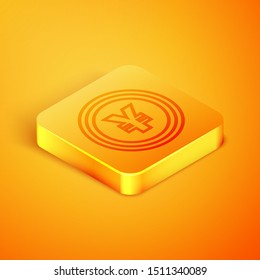 Isometric line Coin money with Yen symbol icon isolated on orange background. Banking currency sign. Cash symbol. Orange square button. Vector Illustration