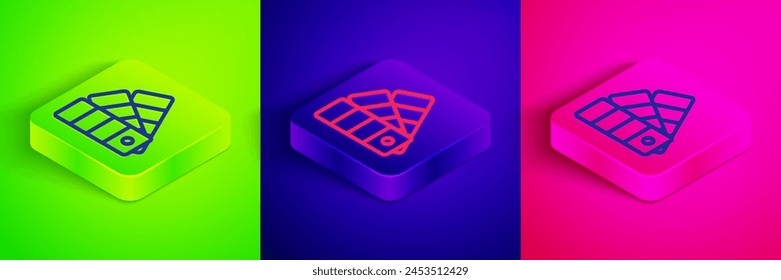 Isometric line Color palette guide icon isolated on green, blue and pink background. Square button. Vector