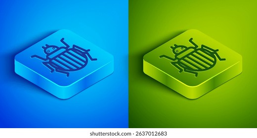 Isometric line Colorado beetle icon isolated on blue and green background. Square button. Vector