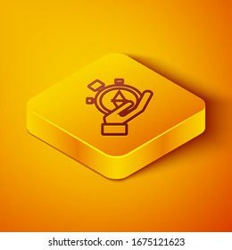 Isometric line Compass icon isolated on orange background. Windrose navigation symbol. Wind rose sign. Yellow square button. Vector Illustration