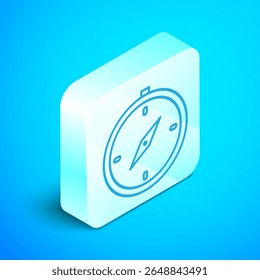 Isometric line Compass icon isolated on blue background. Windrose navigation symbol. Wind rose sign. Silver square button. Vector Illustration