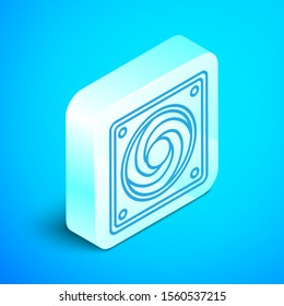 Isometric line Computer cooler icon isolated on blue background. PC hardware fan. Silver square button. Vector Illustration