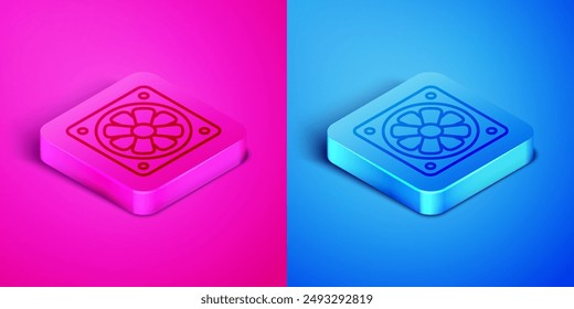 Isometric line Computer cooler icon isolated on pink and blue background. PC hardware fan. Square button. Vector