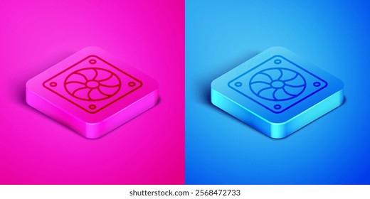 Isometric line Computer cooler icon isolated on pink and blue background. PC hardware fan. Square button. Vector