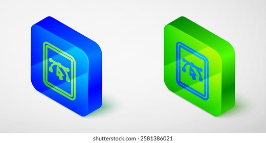 Isometric line Computer display with vector design program icon isolated on isolated on grey background. Photo editor software with user interface. Blue and green square button. Vector