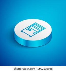 Isometric line Computer icon isolated on blue background. PC component sign. White circle button. Vector Illustration