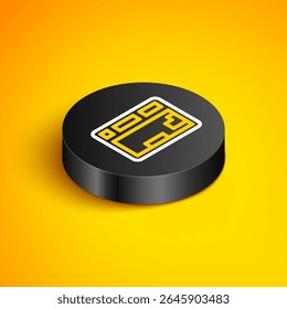 Isometric line Computer keyboard icon isolated on yellow background. PC component sign. Black circle button. Vector