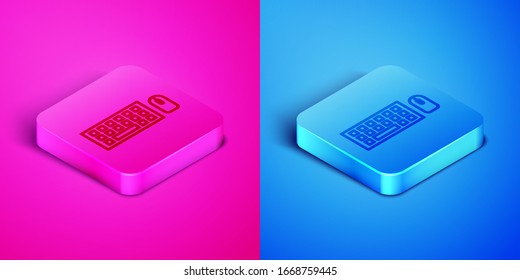 Isometric line Computer keyboard and mouse icon isolated on pink and blue background. PC component sign. Square button. Vector Illustration