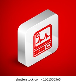 Isometric line Computer monitor with cardiogram icon isolated on red background. Monitoring icon. ECG monitor with heart beat hand drawn. Silver square button. Vector Illustration