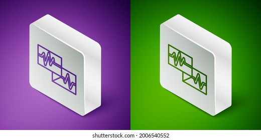 Isometric line Computer monitor with cardiogram icon isolated on purple and green background. Monitoring icon. ECG monitor with heart beat hand drawn. Silver square button. Vector