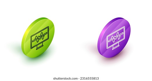 Isometric line Computer monitor with cardiogram icon isolated on white background. Monitoring icon. ECG monitor with heart beat hand drawn. Green and purple circle buttons. Vector
