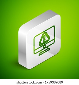 Isometric line Computer monitor with exclamation mark icon isolated on green background. Alert message smartphone notification. Silver square button. Vector Illustration