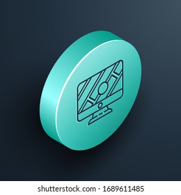 Isometric line Computer monitor and folded map with location marker icon isolated on black background. Turquoise circle button. Vector Illustration