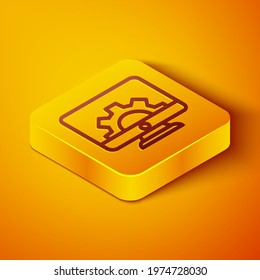 Isometric line Computer monitor and gear icon isolated on orange background. Adjusting, service, setting, maintenance, repair, fixing. Yellow square button. Vector Illustration