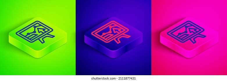 Isometric line Computer monitor with graph chart icon isolated on green, blue and pink background. Report text file icon. Accounting sign. Audit, analysis, planning. Square button. Vector